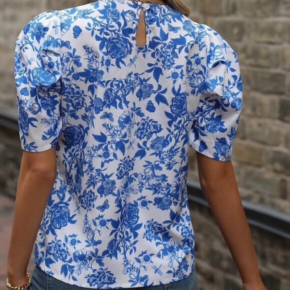 Boho floral print Blouse blue white - Picture 2 of 5